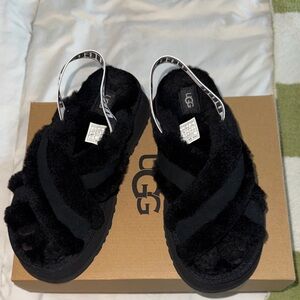 UGG Kids Black Fuzzy Slippers